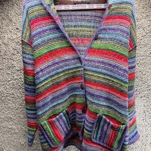 Genoa Vintage Multicolor Rainbow Striped Hand Knitted Hooded Cardigan